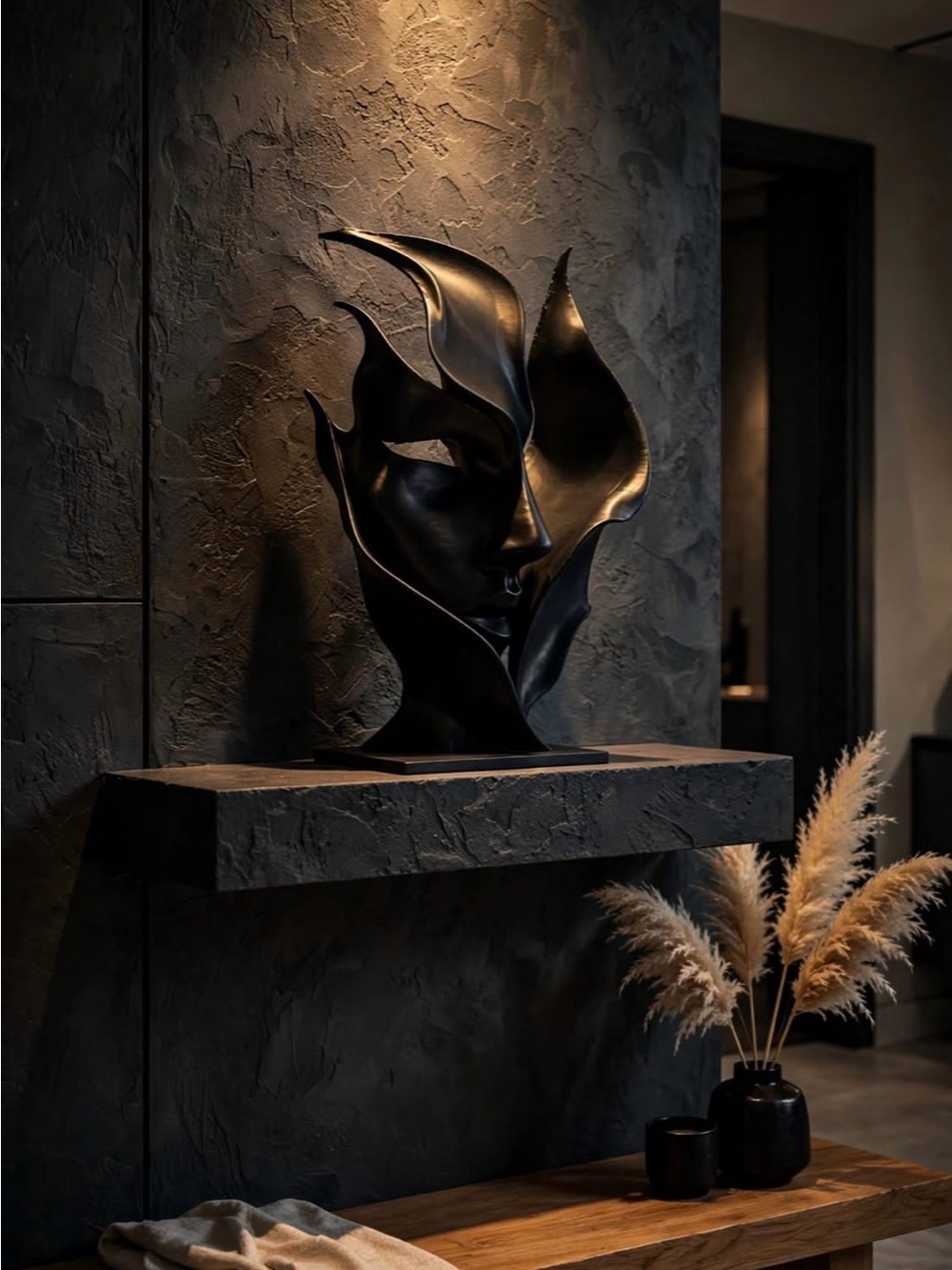 Abstract Black 3D Printed Face Sculpture for Home Art